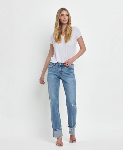 Mid Rise Cuffed Straight Jeans