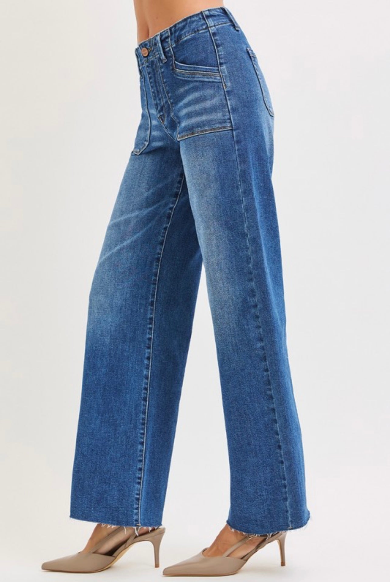 Risen Mid Rise Wide Leg Jeans with patch pocket