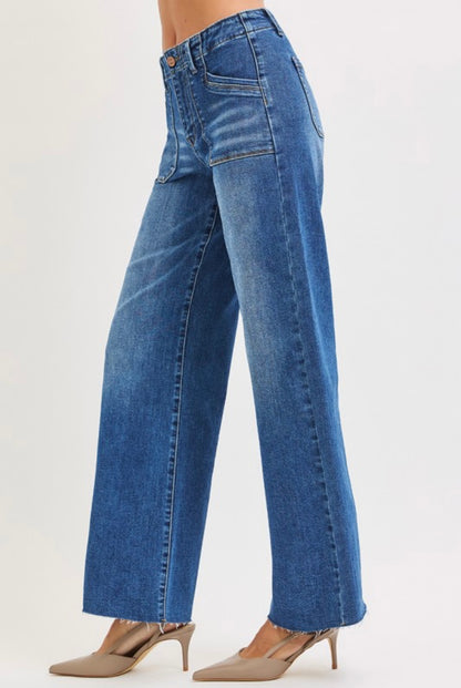 Risen Mid Rise Wide Leg Jeans with patch pocket