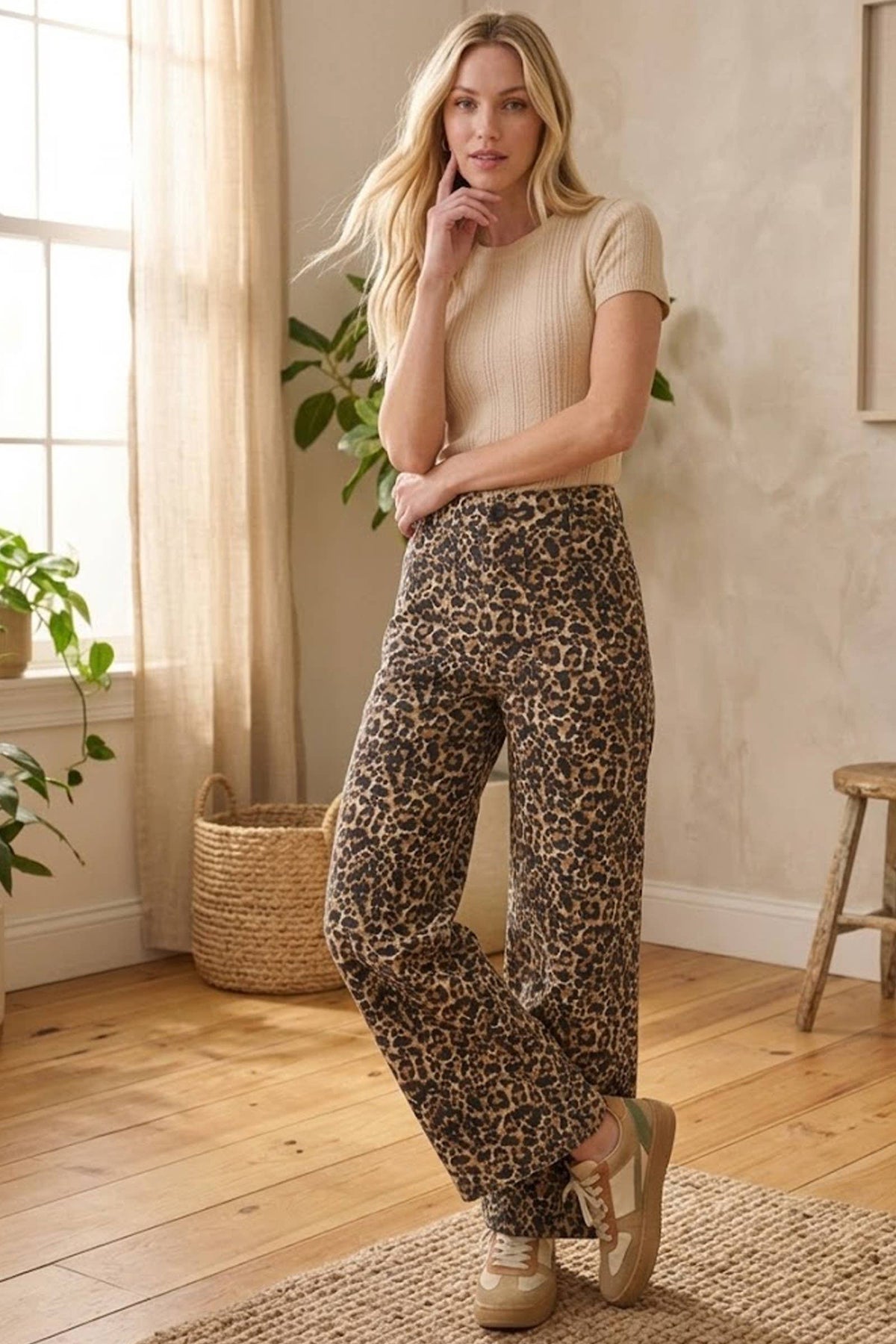 Leopard Stretch Twill Wide Leg Pants