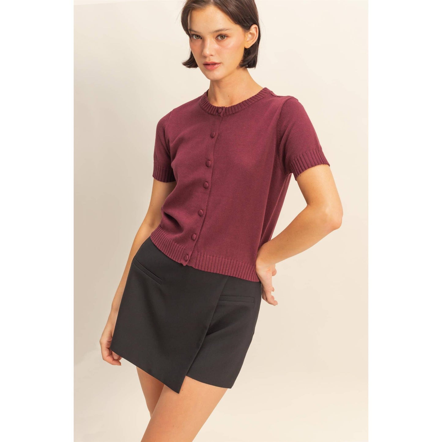 Crew Neck Short Sleeve  Buttoned Cardigan