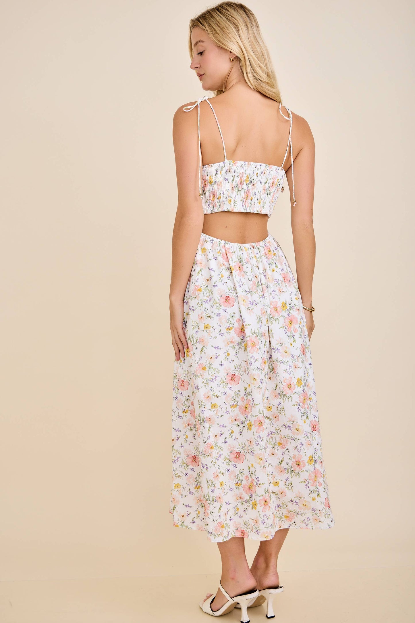 Scallop Edge Tie Shoulder Floral Midi Dress