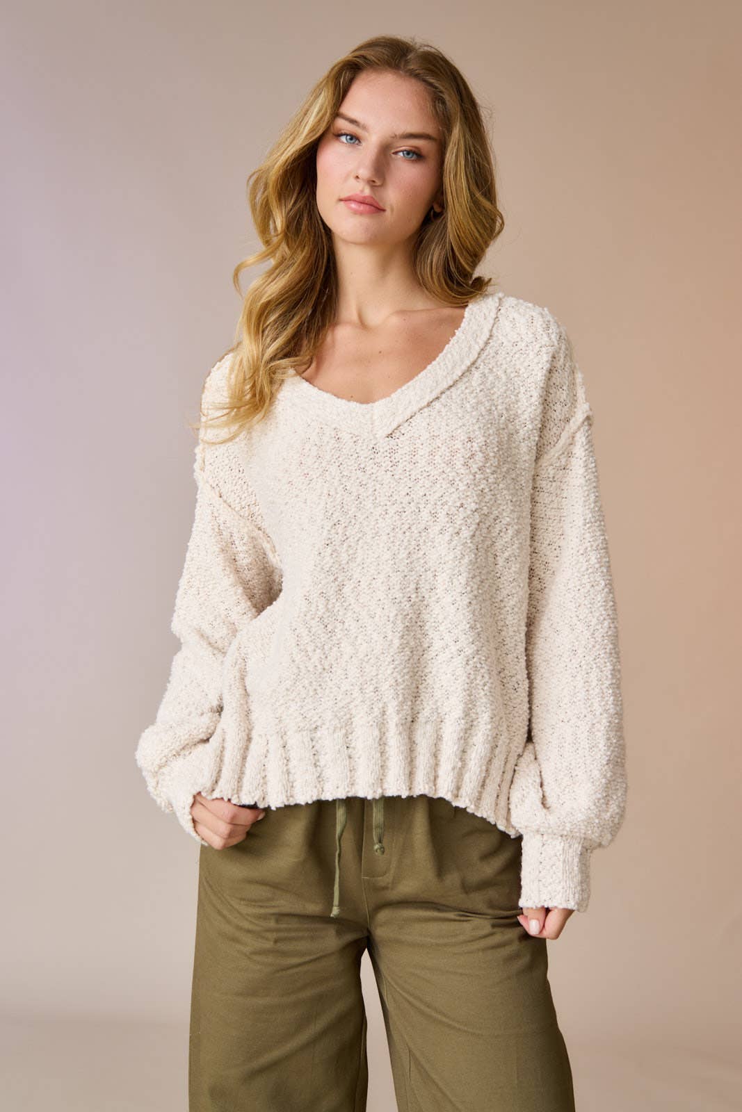 Dusty Pink Loose Fit V-neck Balloon Sleeve Sweater