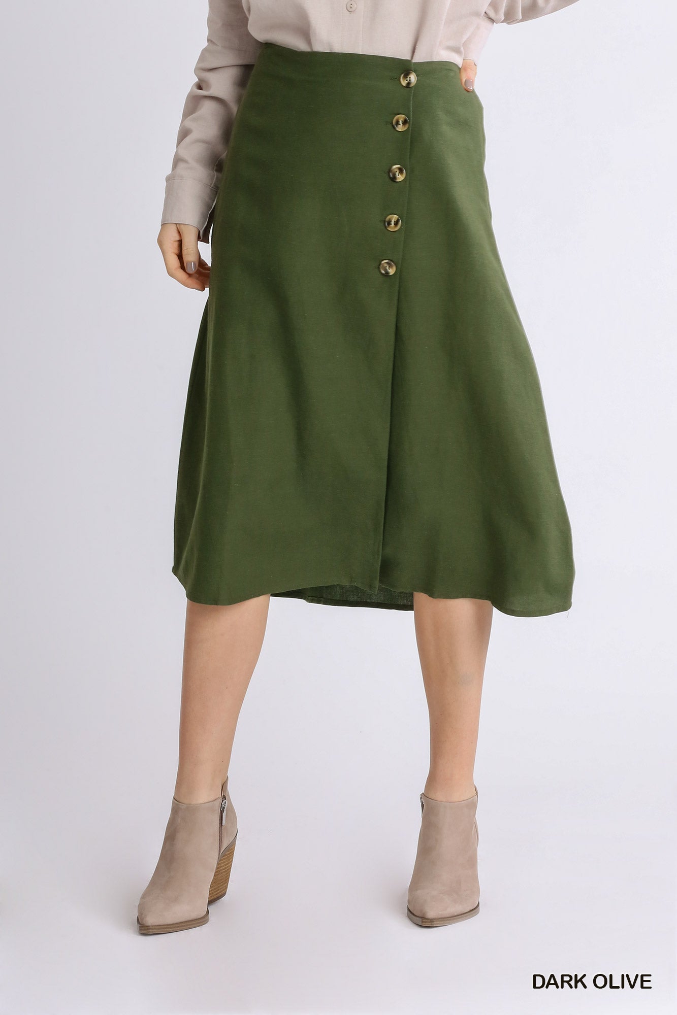 Linen Blend Midi Wrap Skirt with Buttons