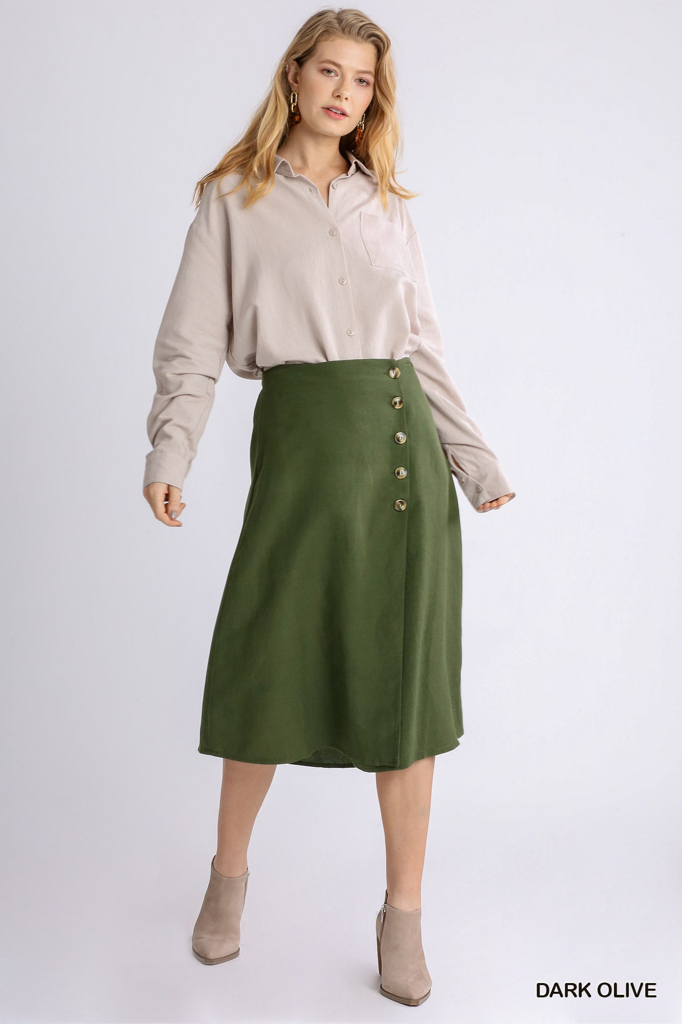 Linen Blend Midi Wrap Skirt with Buttons