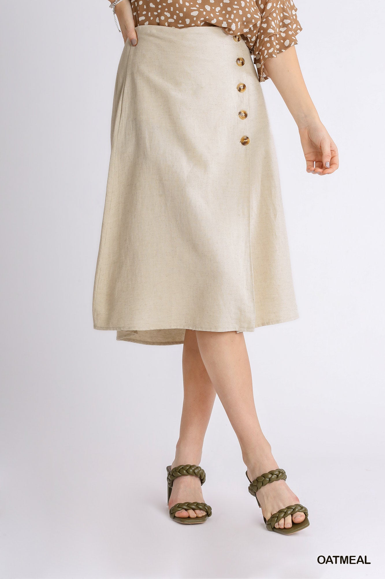 Linen Blend Midi Wrap Skirt with Buttons