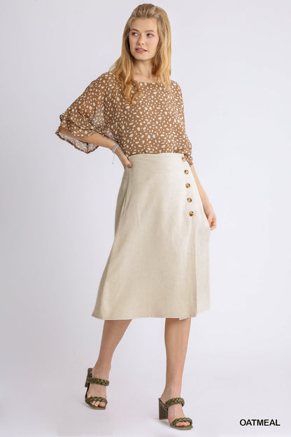 Linen Blend Midi Wrap Skirt with Buttons