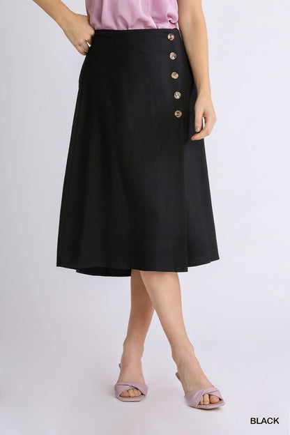 Linen Blend Midi Wrap Skirt with Buttons