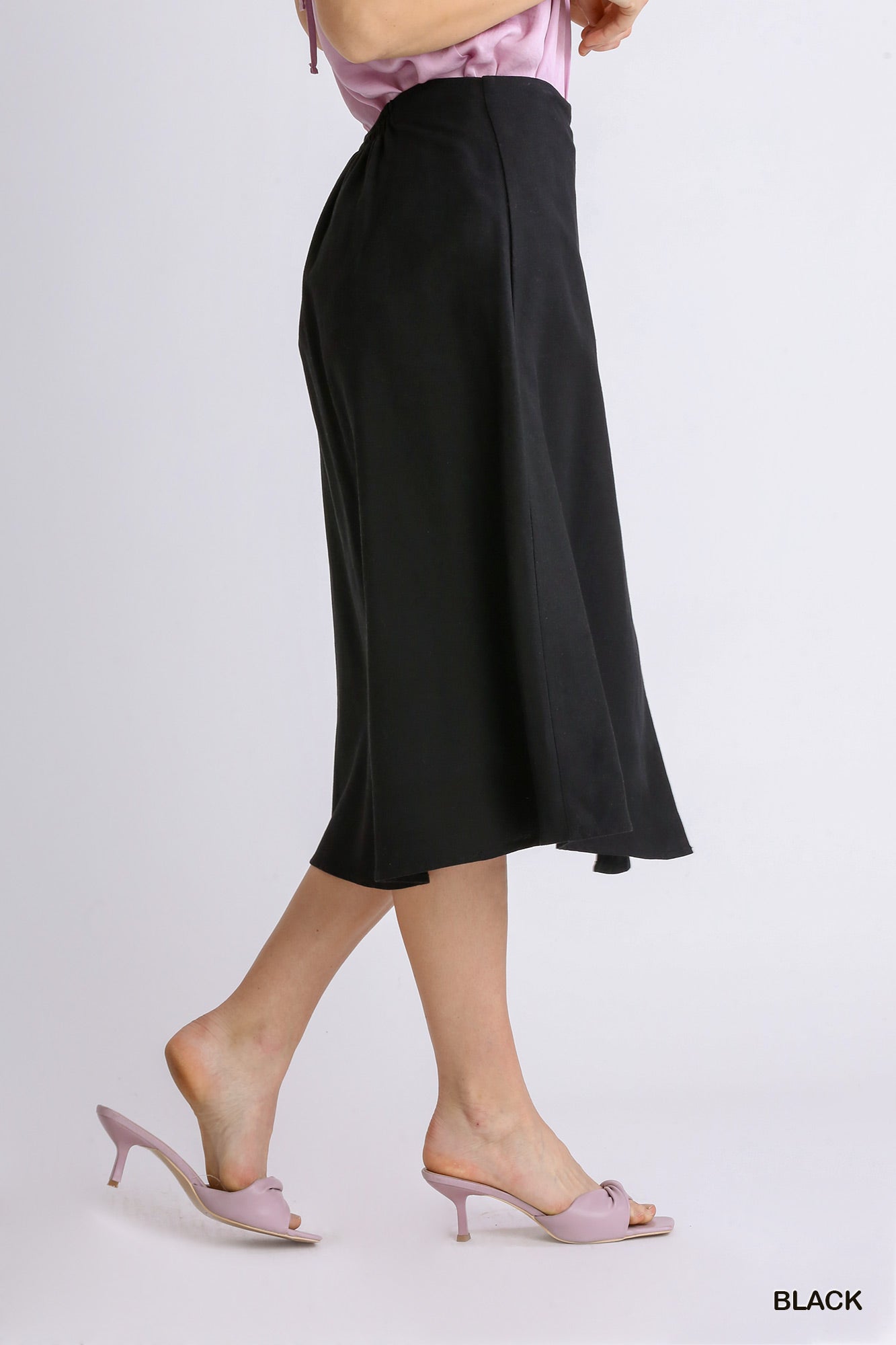 Linen Blend Midi Wrap Skirt with Buttons