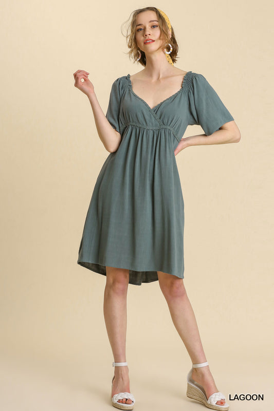 Linen Blend Surplice Bodice Crochet Trimmed Detail Dress (not Lined)