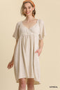Linen Blend Surplice Bodice Crochet Trimmed Detail Dress (not Lined)