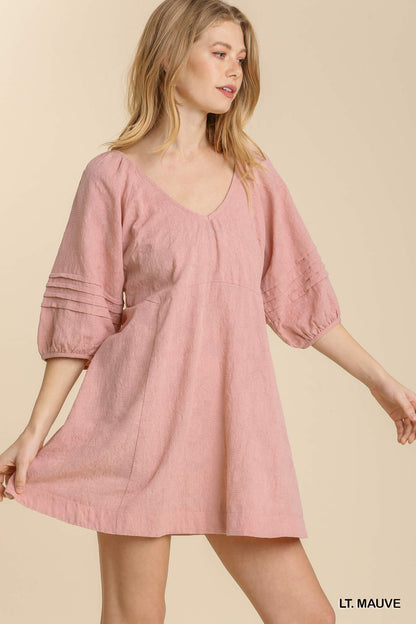 V Neck Pleat Detail Puff Sleeve Tie Back Dress