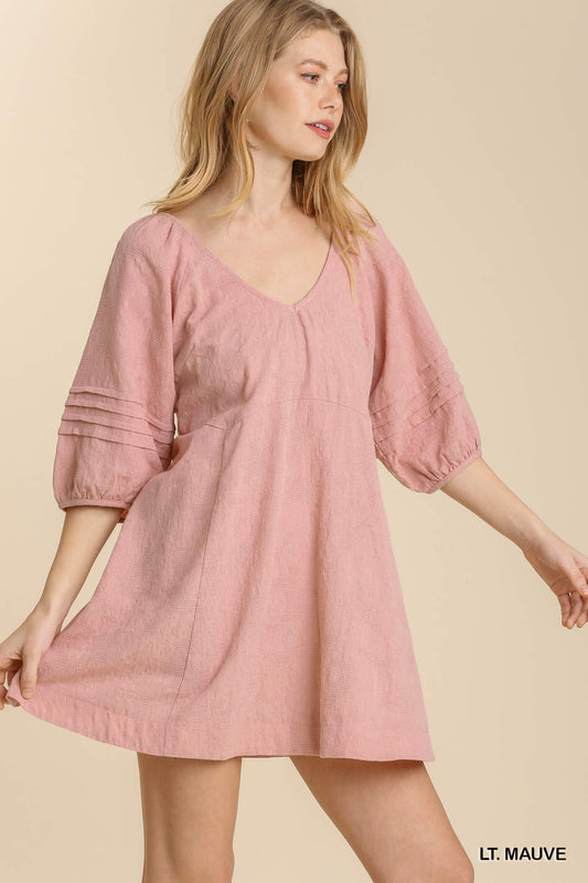 V Neck Pleat Detail Puff Sleeve Tie Back Dress