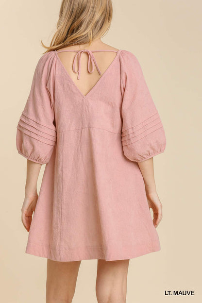 V Neck Pleat Detail Puff Sleeve Tie Back Dress