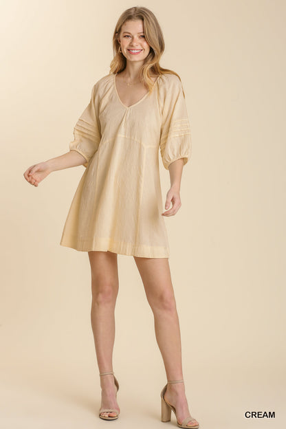 V Neck Pleat Detail Puff Sleeve Tie Back Dress