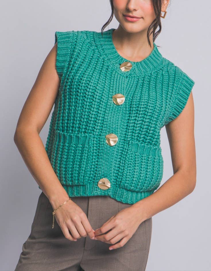 Knit Sweater Vest Gold Button Down