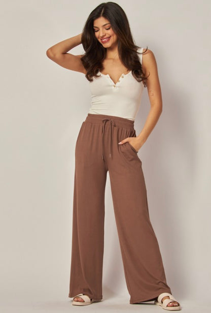 Stretchy Ribbed Drawstring Wide Leg Pants