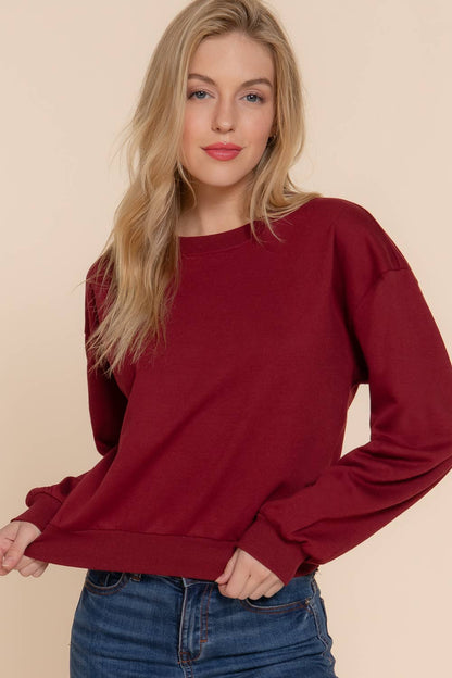 Dark Wine Long Sleeve Round Neck Crop Sweatshirt