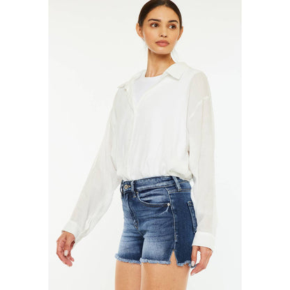 Kan Can High Rise Stretch Frayed Hem Shorts