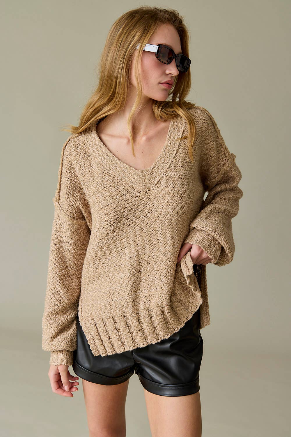 Dusty Pink Loose Fit V-neck Balloon Sleeve Sweater