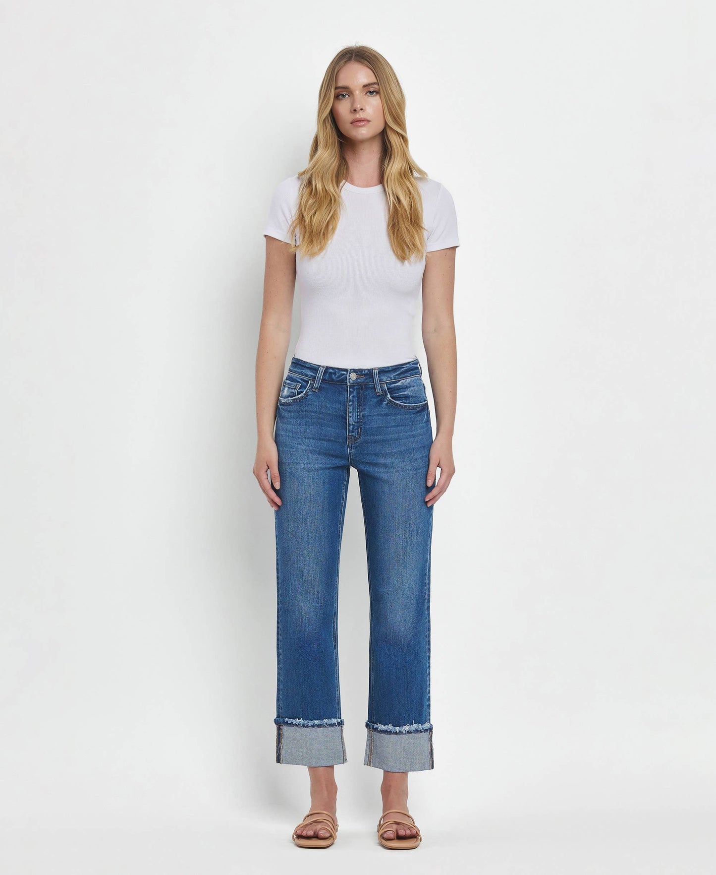 High Rise Cuffed Straight Jeans