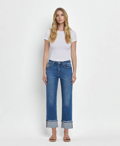 High Rise Cuffed Straight Jeans