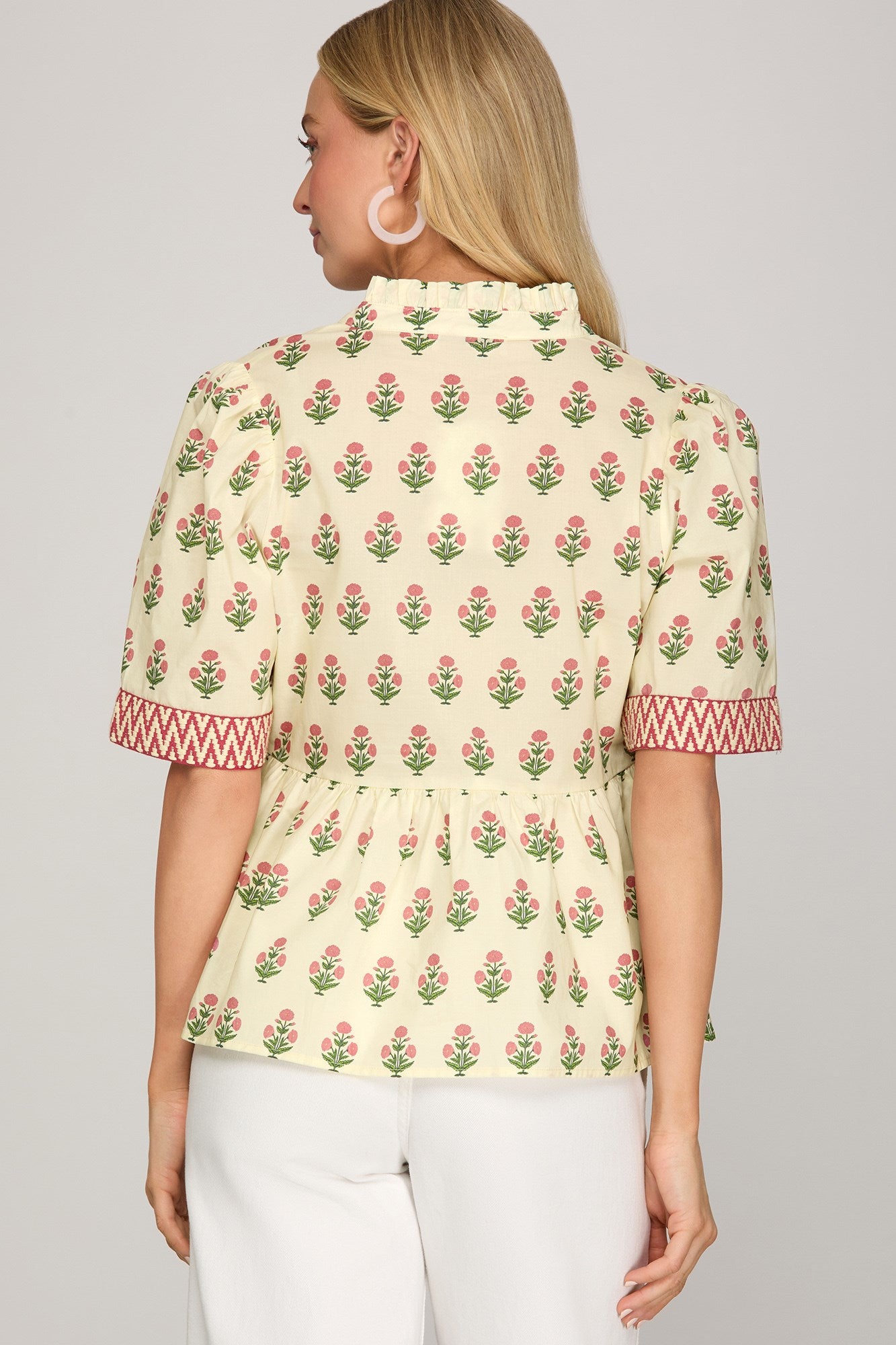 Ivory Floral Half Sleeve Woven Print Top