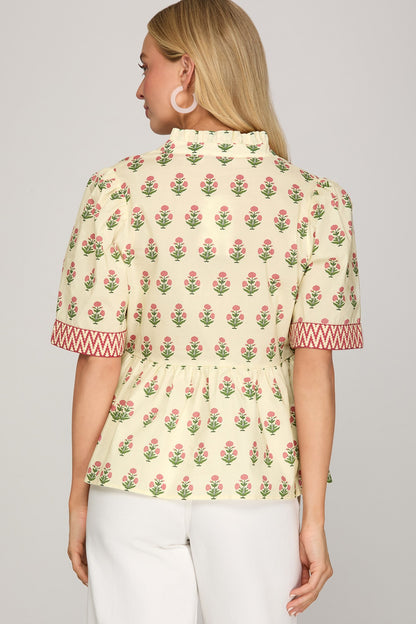Ivory Floral Half Sleeve Woven Print Top