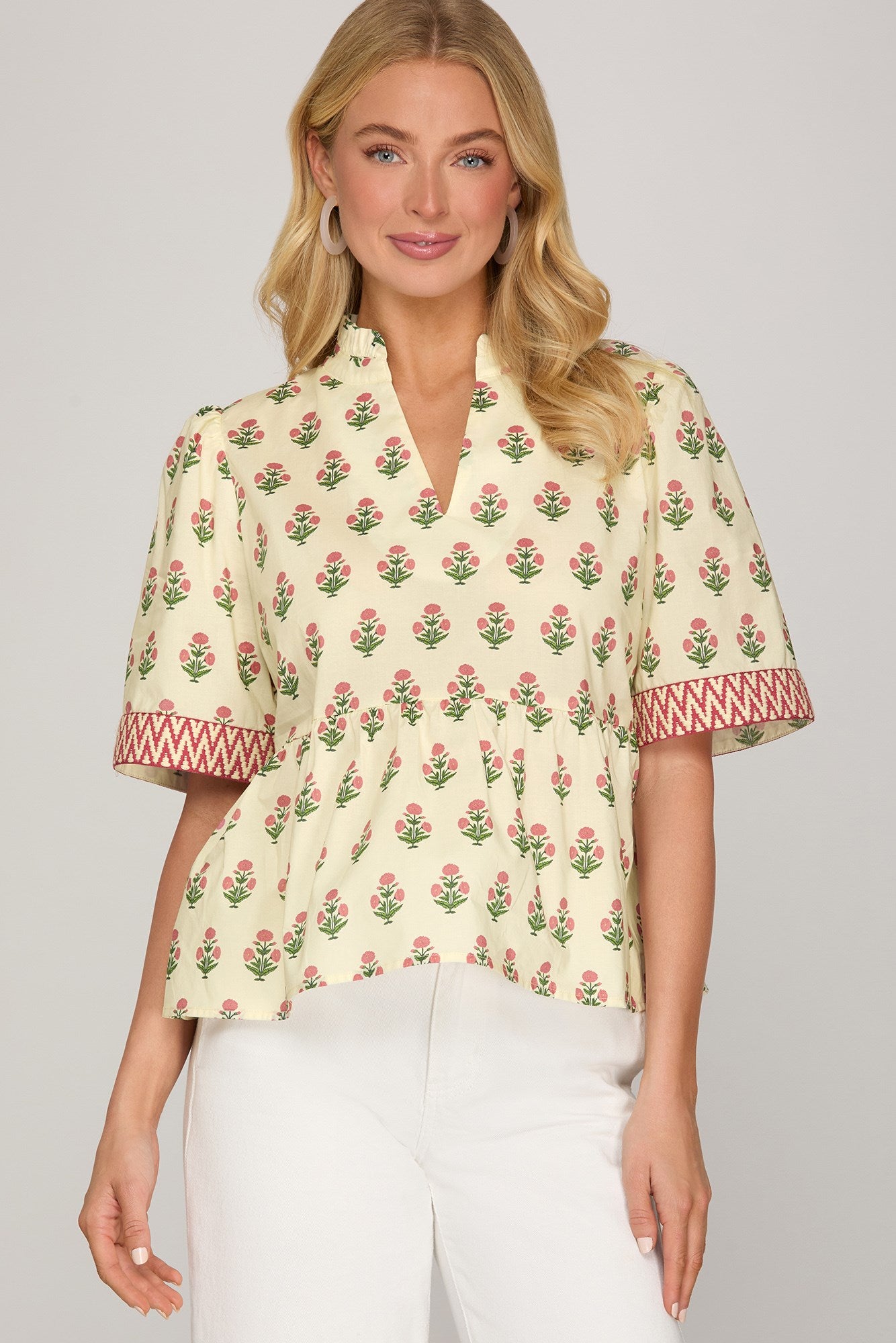 Ivory Floral Half Sleeve Woven Print Top