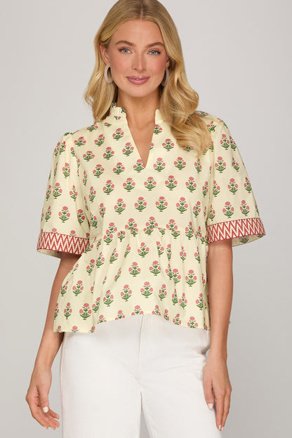 Ivory Floral Half Sleeve Woven Print Top