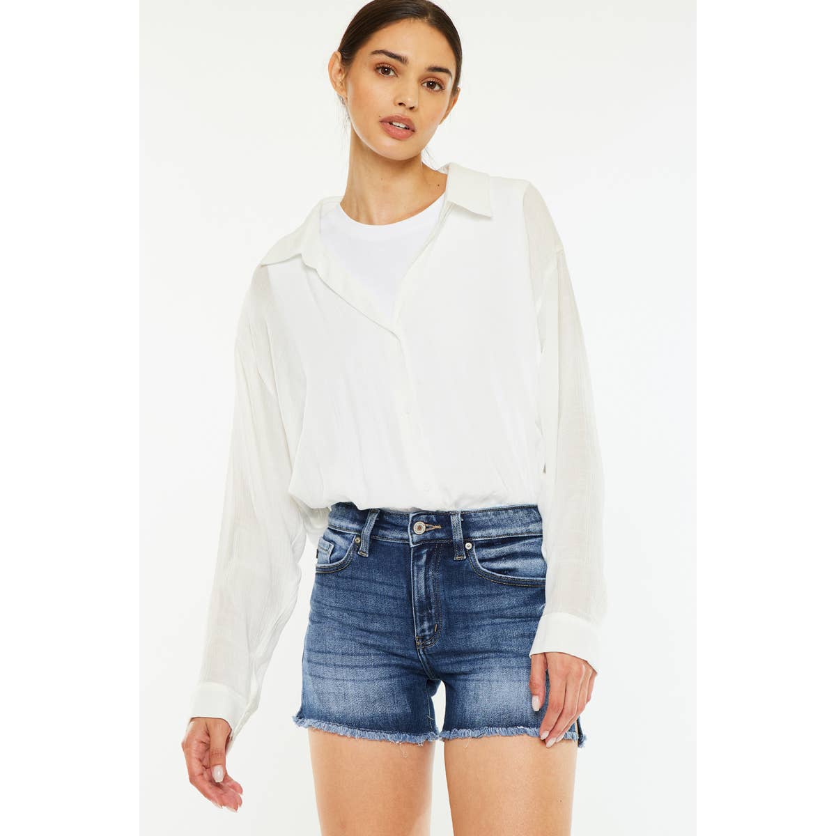 Kan Can High Rise Stretch Frayed Hem Shorts