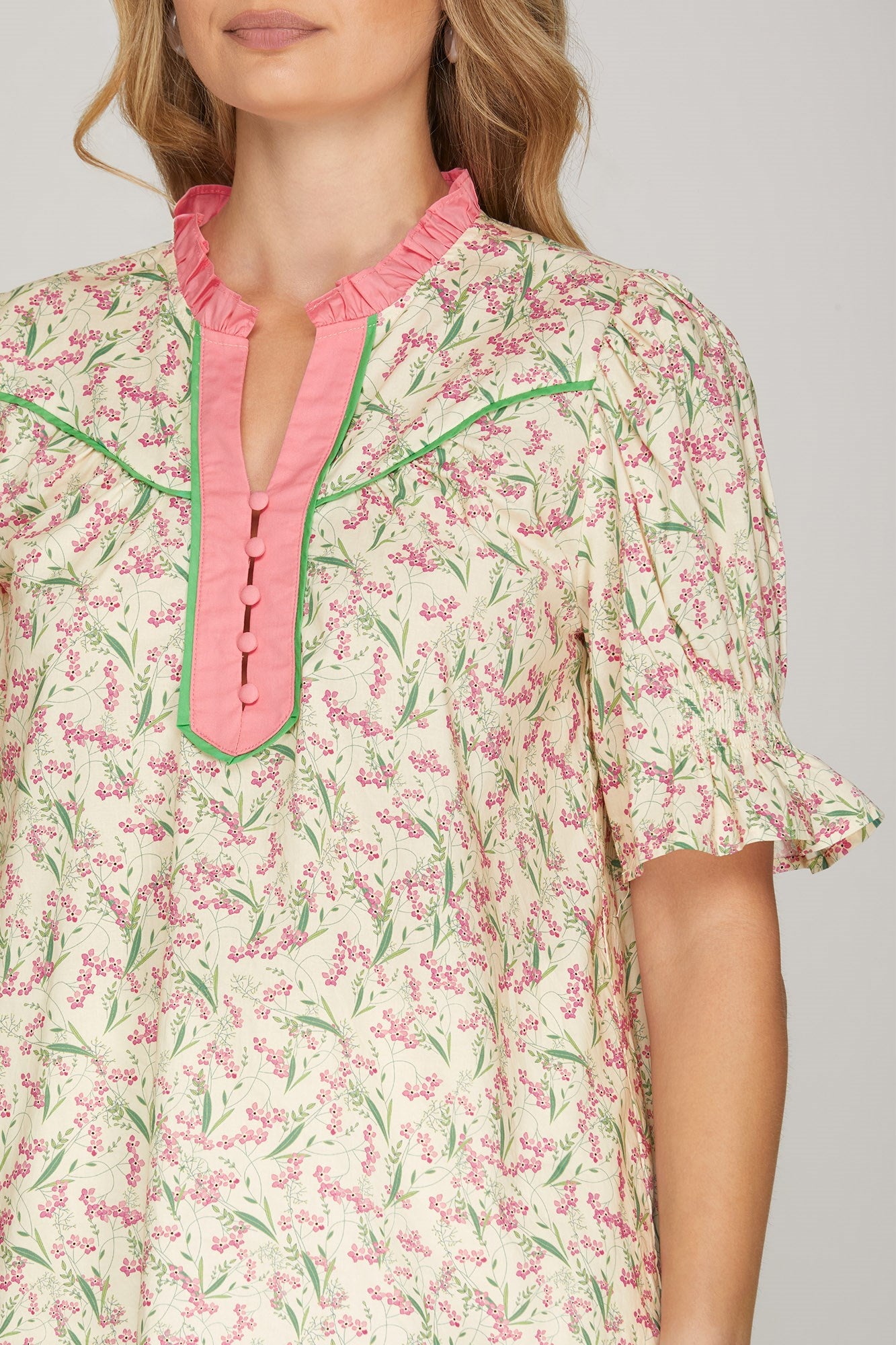 Short Smocked Sleeve Printed Top