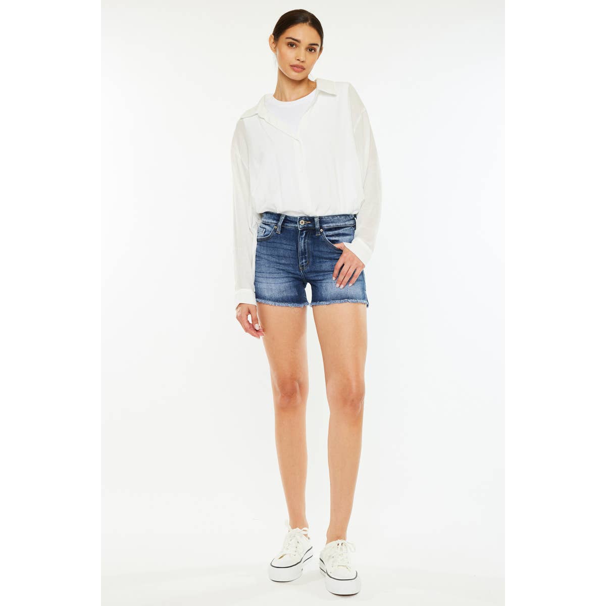 Kan Can High Rise Stretch Frayed Hem Shorts