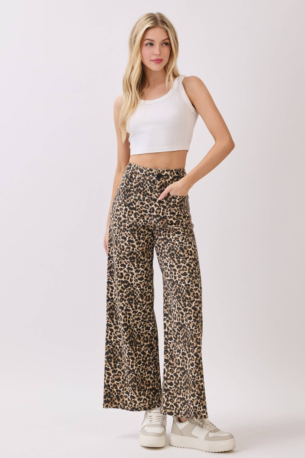Leopard Stretch Twill Wide Leg Pants