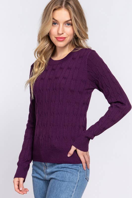 Purple Round Neck Cable Sweater