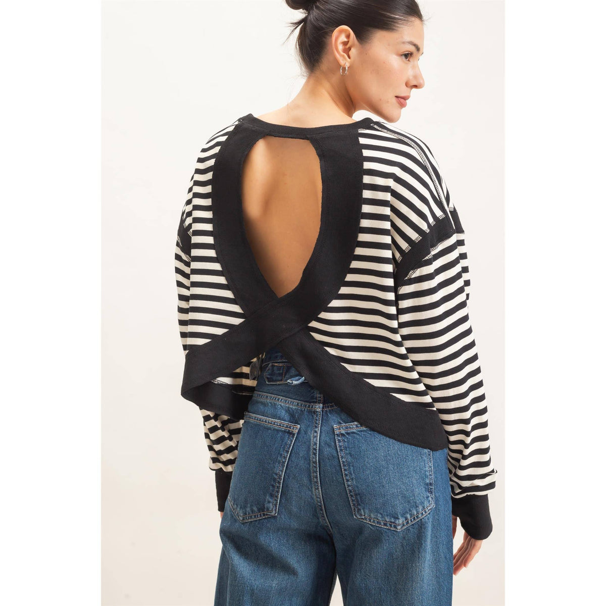 Striped Open Back Long Sleeve Top