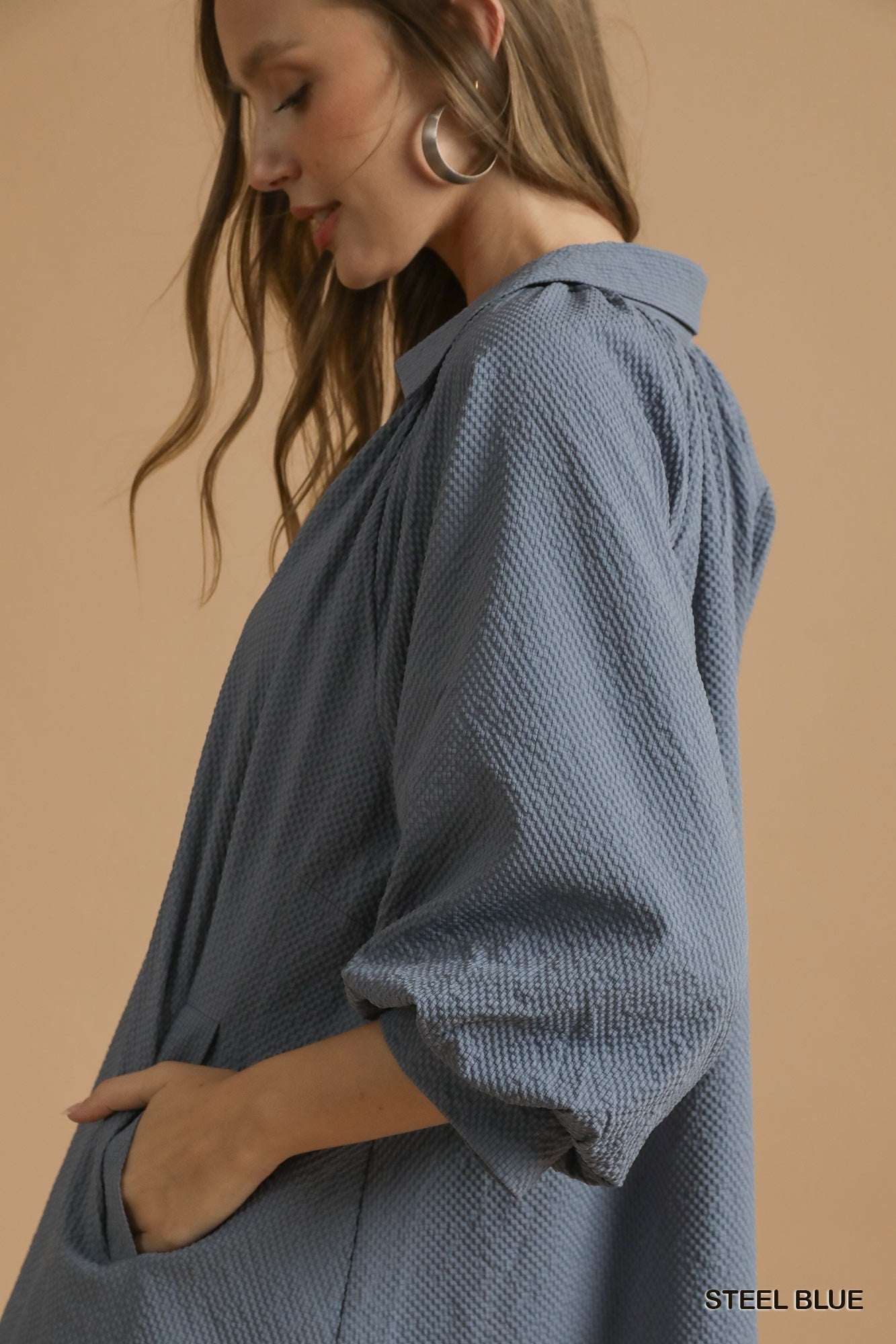 Blue Steel Split V Neck Bubble Sleeve Dress