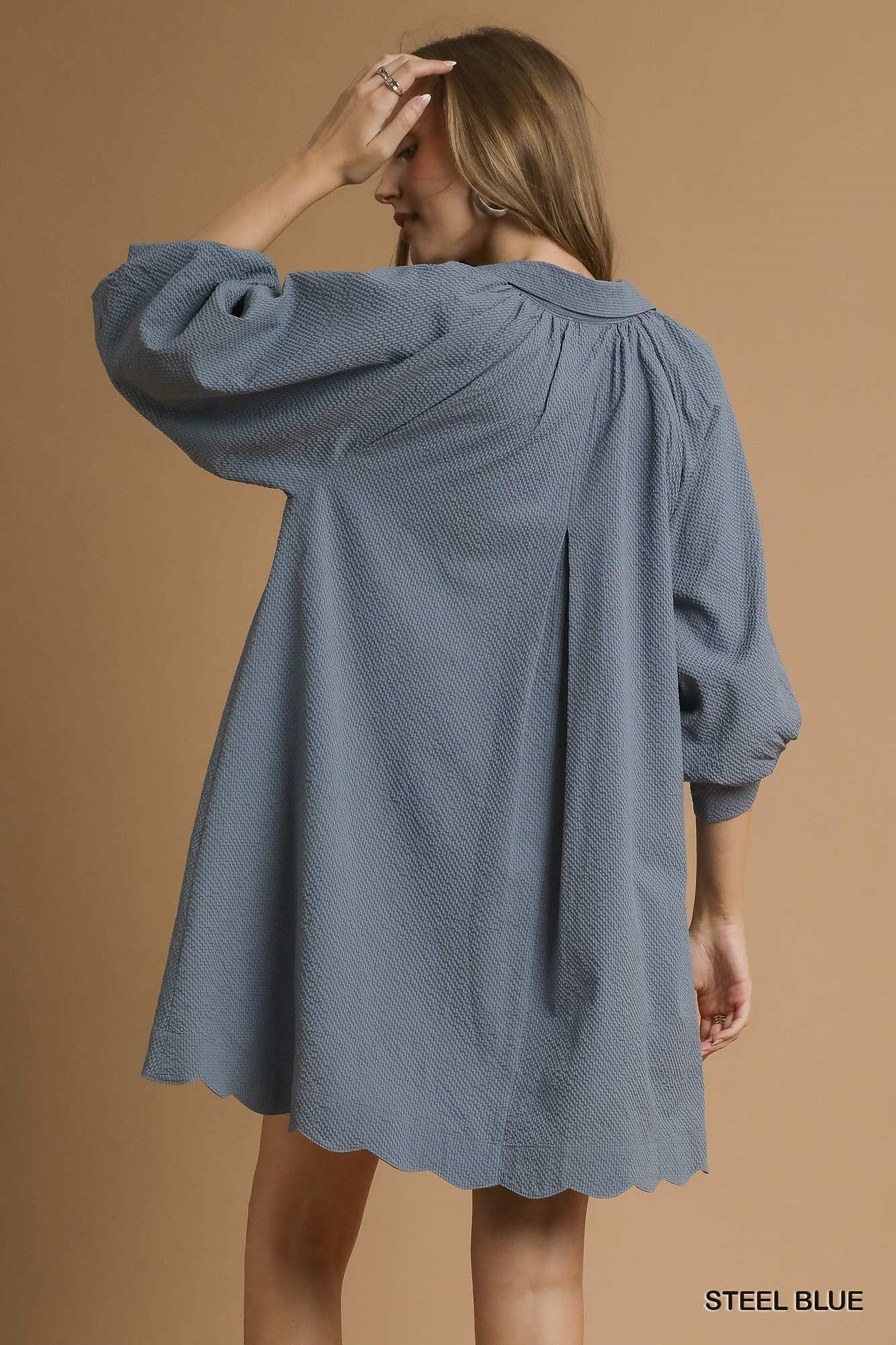 Blue Steel Split V Neck Bubble Sleeve Dress