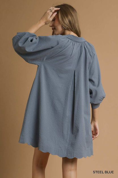 Blue Steel Split V Neck Bubble Sleeve Dress