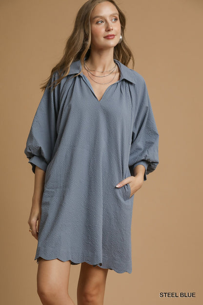 Blue Steel Split V Neck Bubble Sleeve Dress