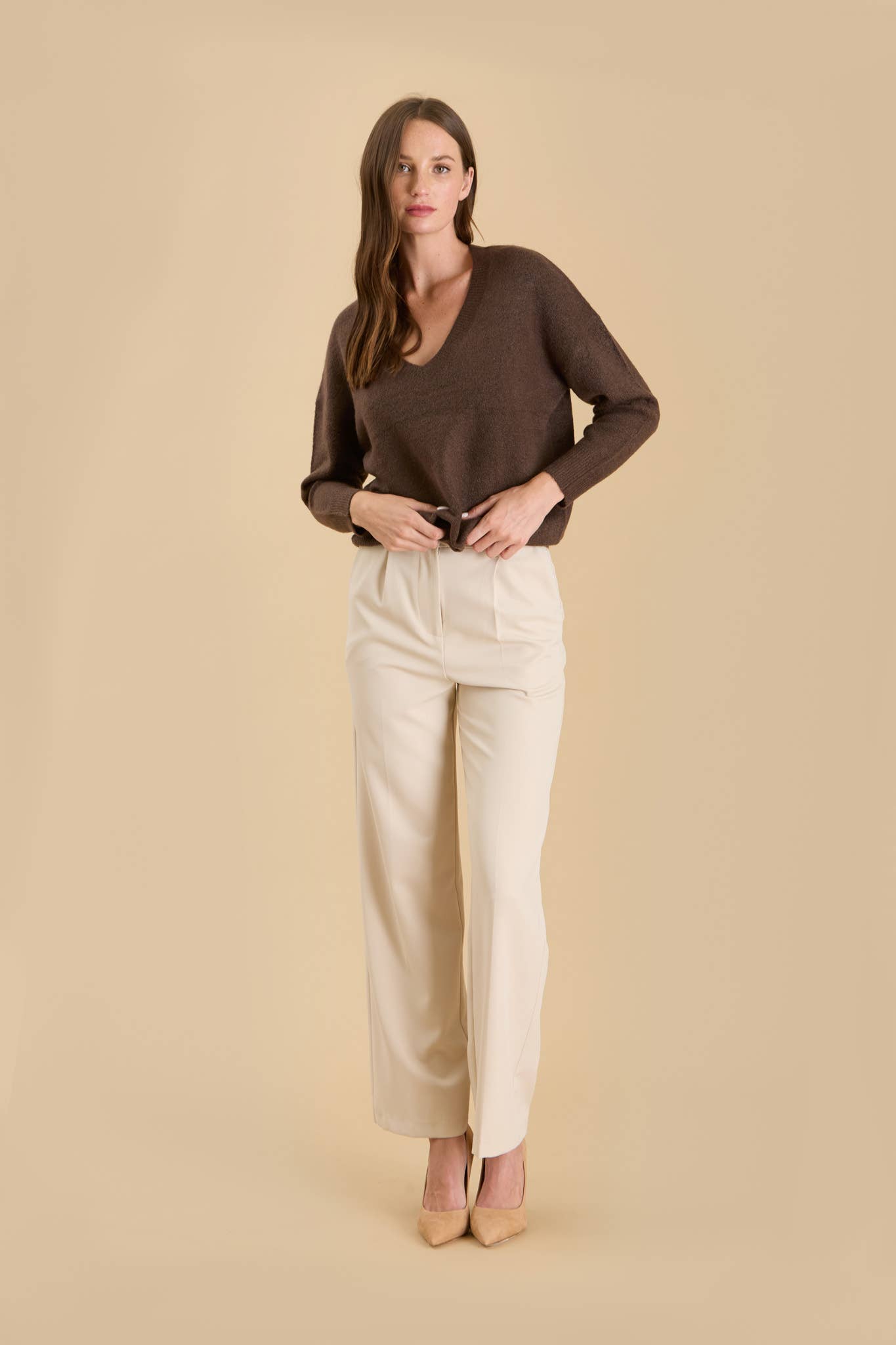 Solid V Neck Drop Shoulder Knit Sweater