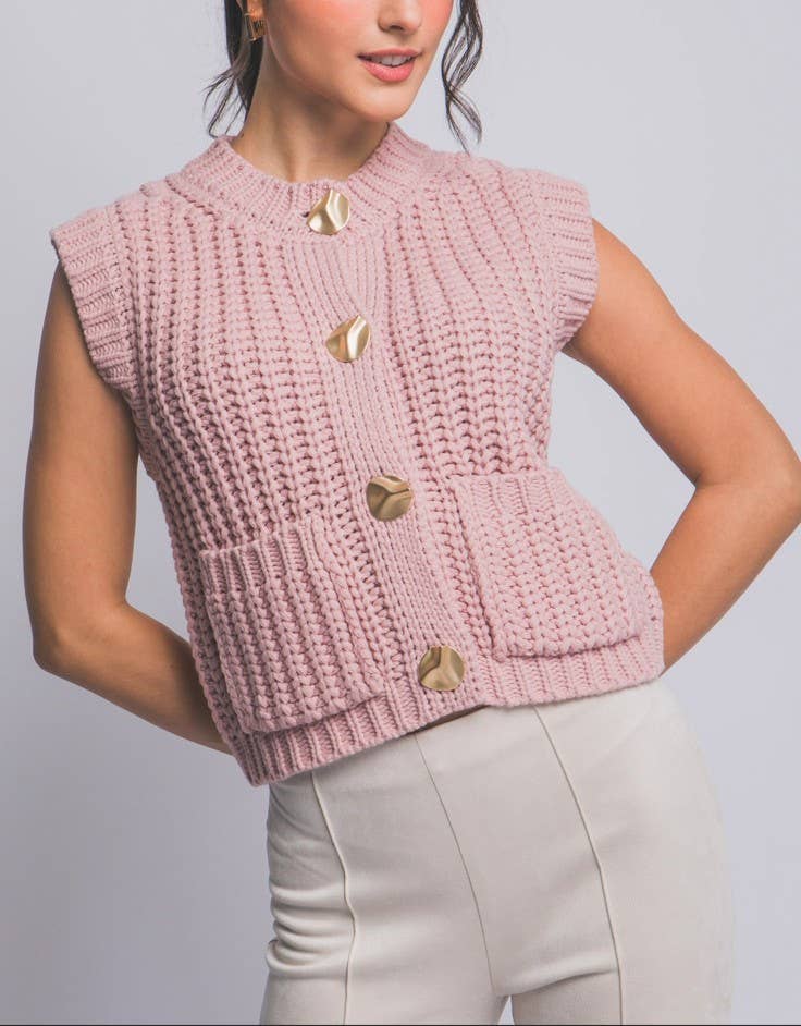 Knit Sweater Vest Gold Button Down