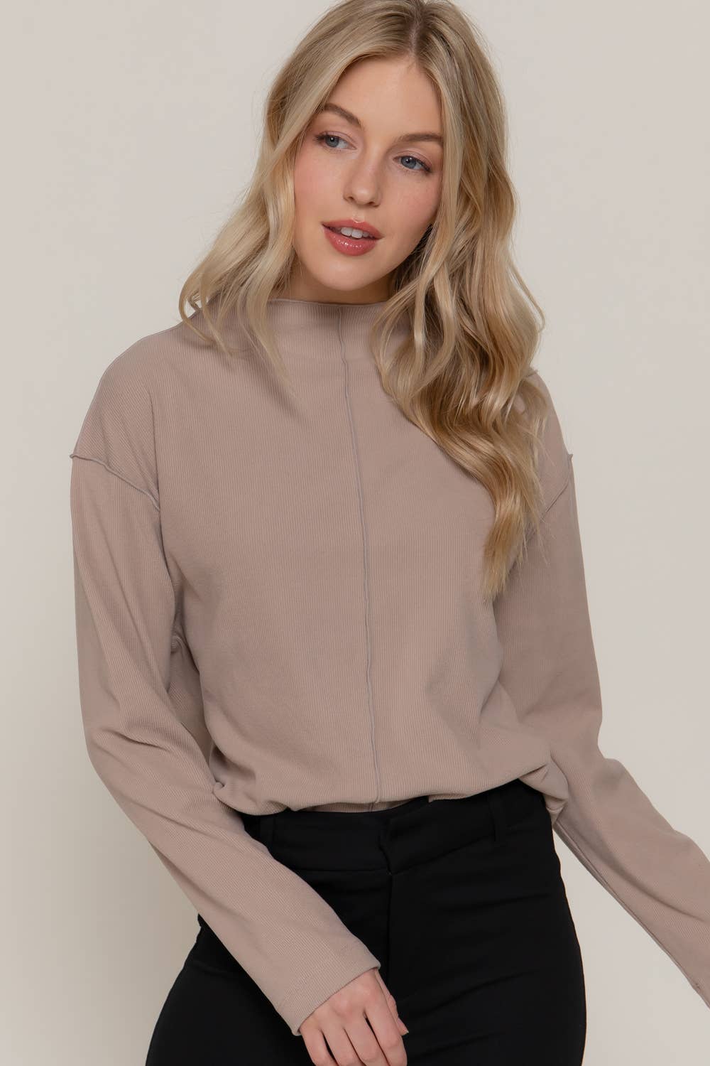 Long Sleeve Visible Overlocked Seams Detail Brushed Rib Top