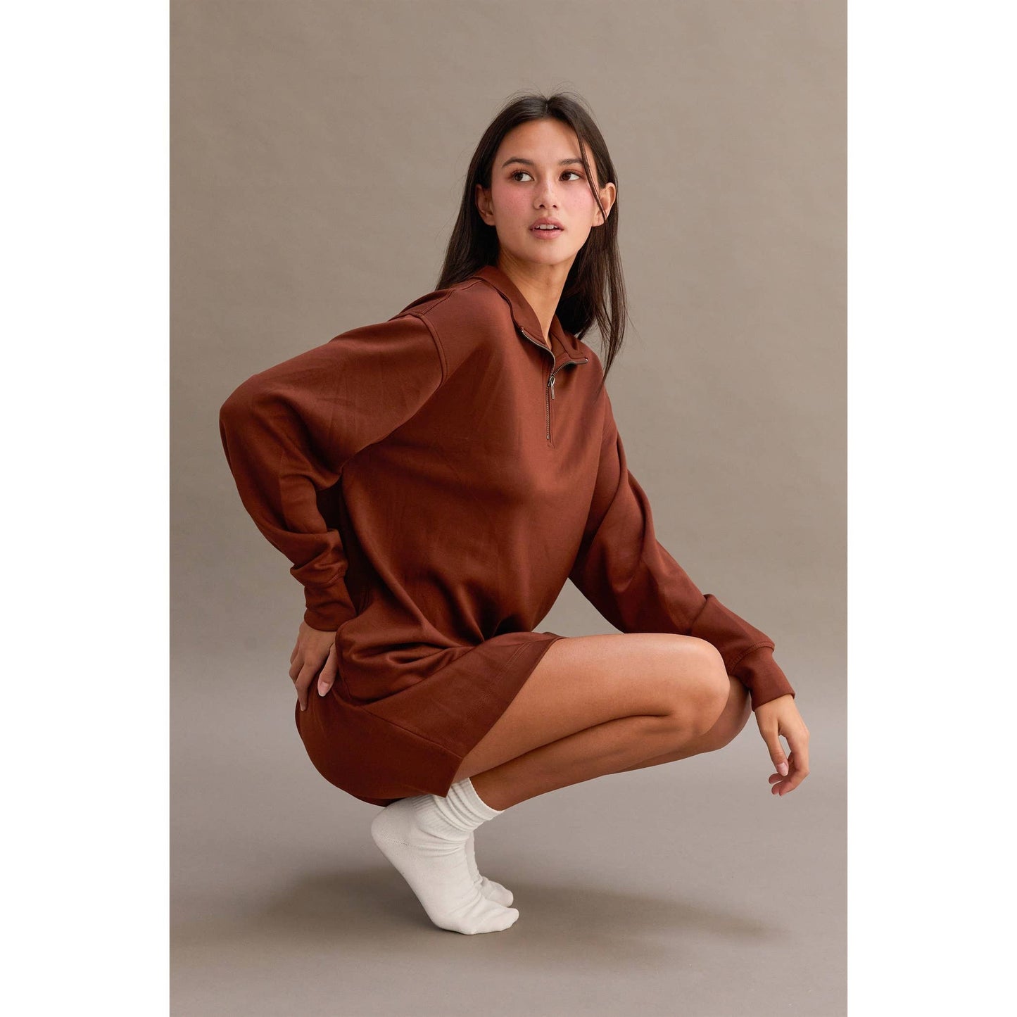 Double Knit Half Zip Up Long Sleeve Mini Dress