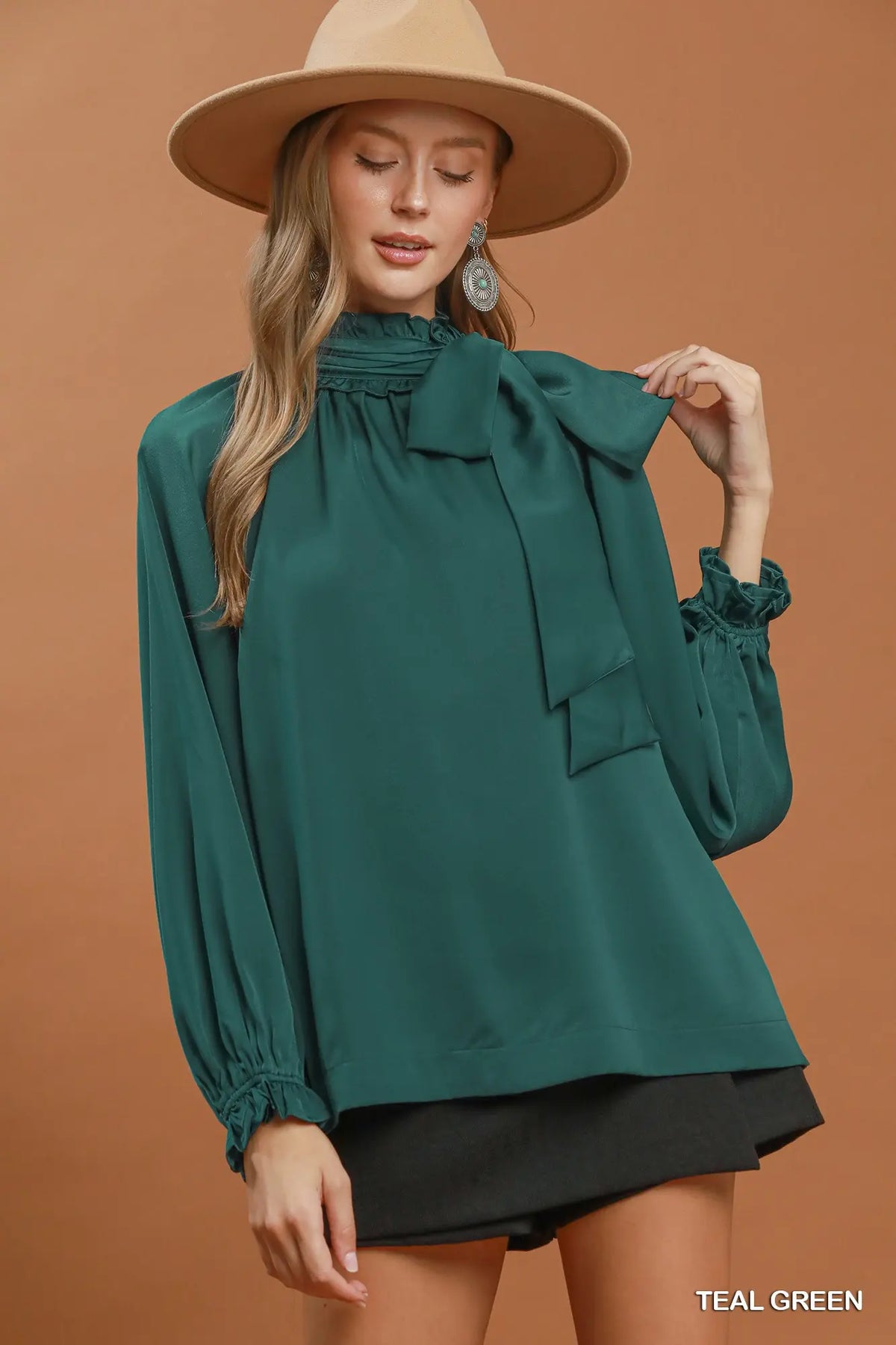 Satin Tie Neck Ruffle Detail Long Sleeve Blouse