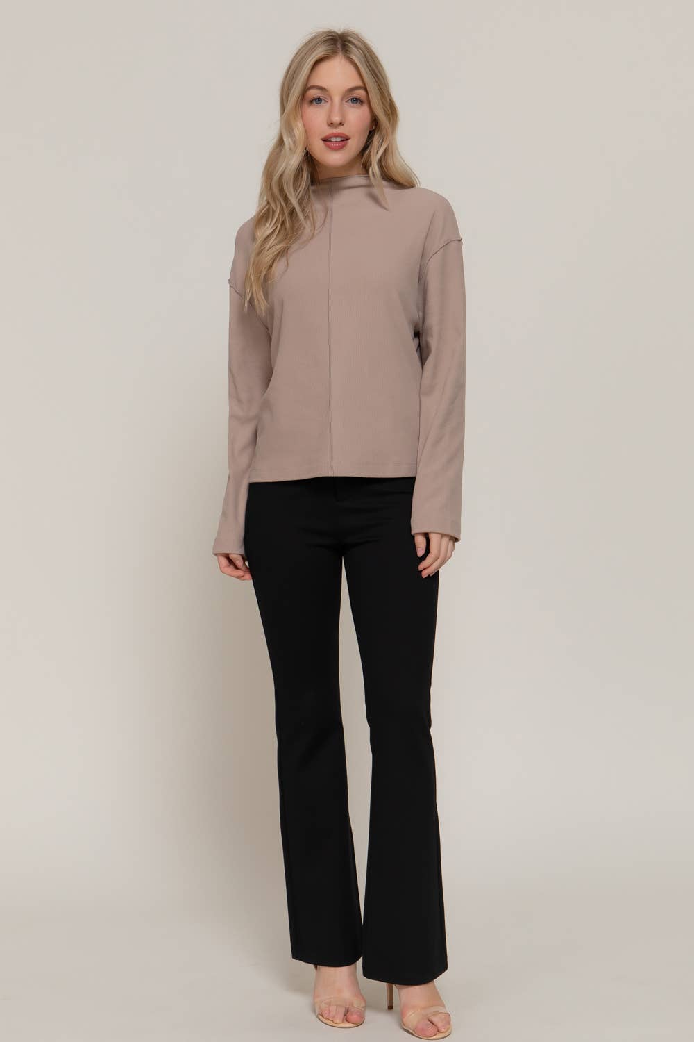 Long Sleeve Visible Overlocked Seams Detail Brushed Rib Top