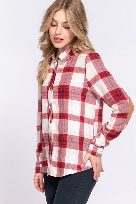 Long Sleeve with Suede Patch Button Down Plaid Shirt