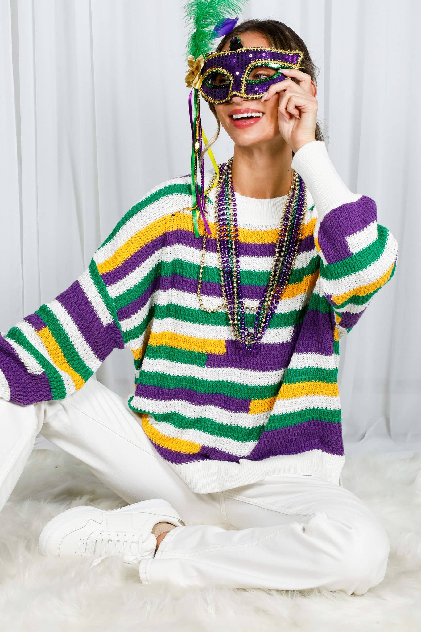 Color Block Striped Mardi Gras Crochet Knit Sweater