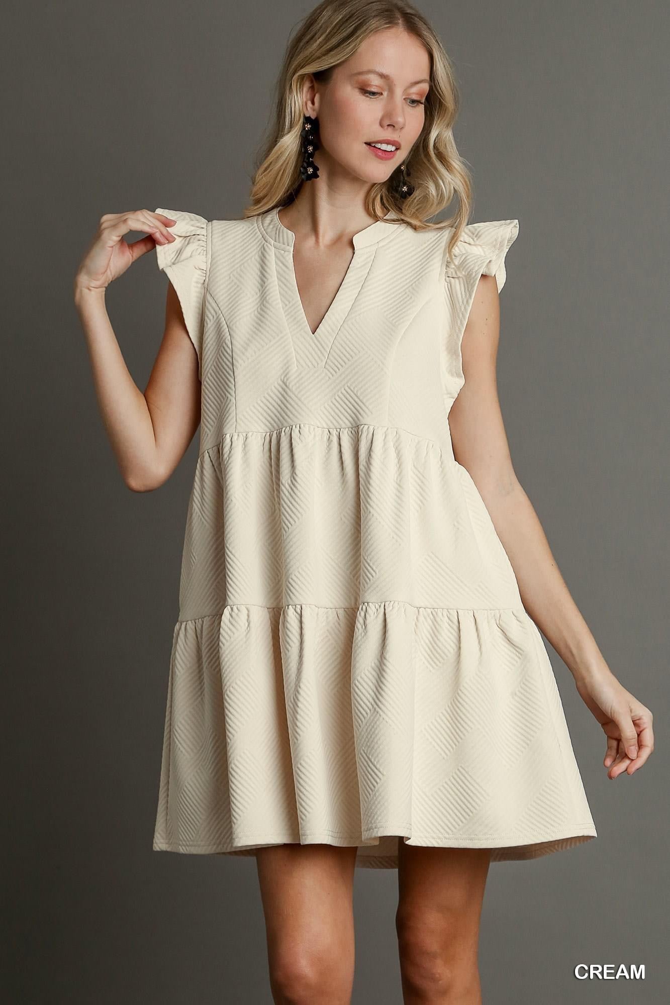 Cream Textured Split Neck Dress