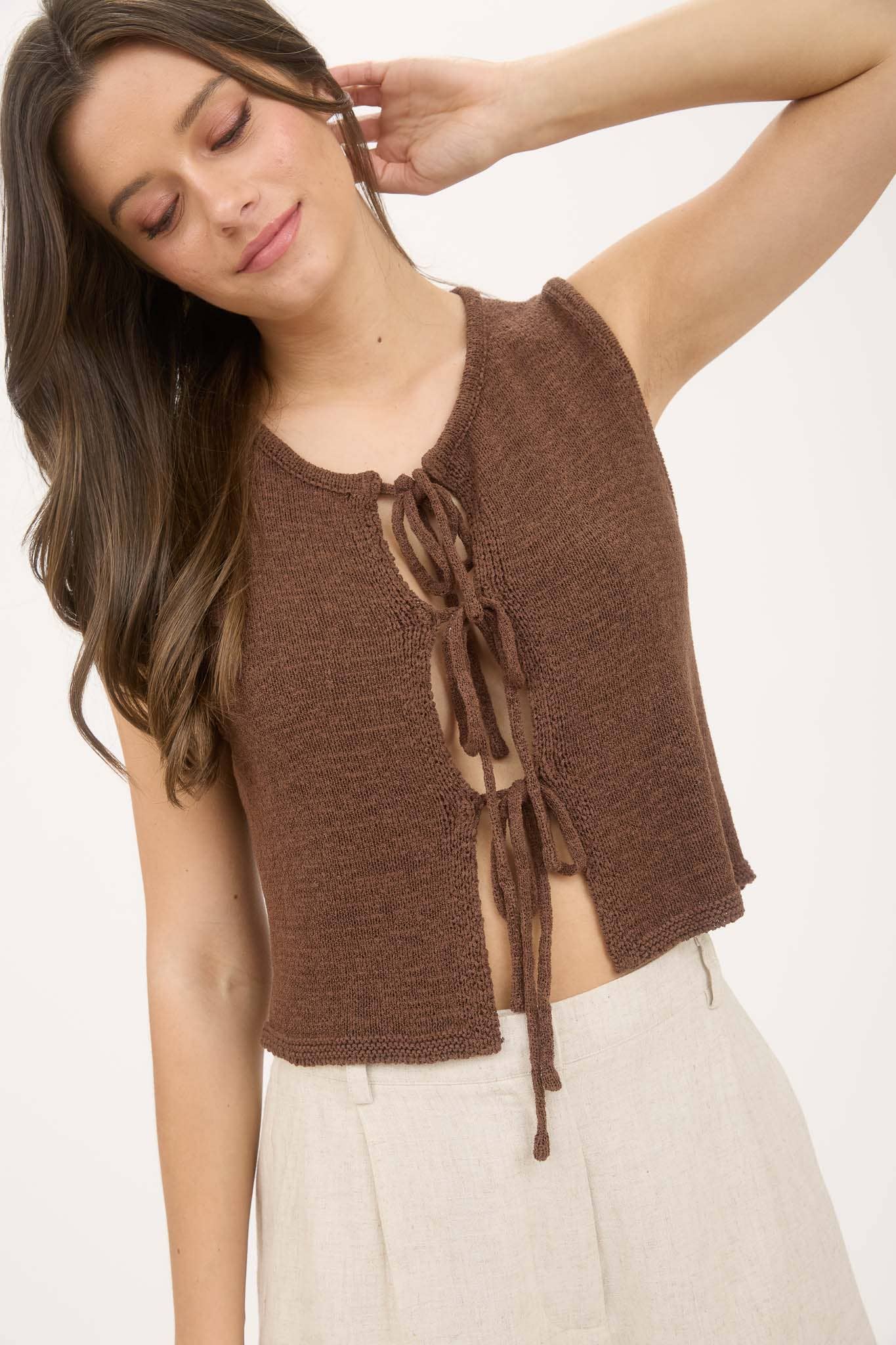 Cream Front Tie Detail Sleeveless Knot Sweater Vest